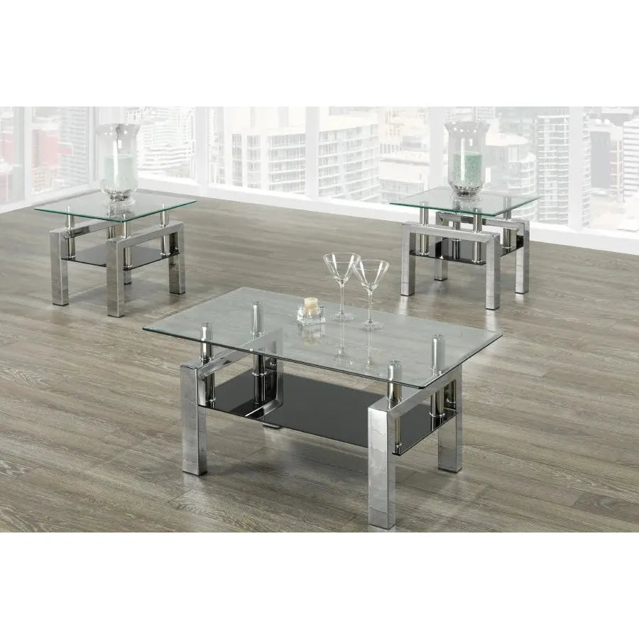 Set of 3 glass coffee tables with metallic bases