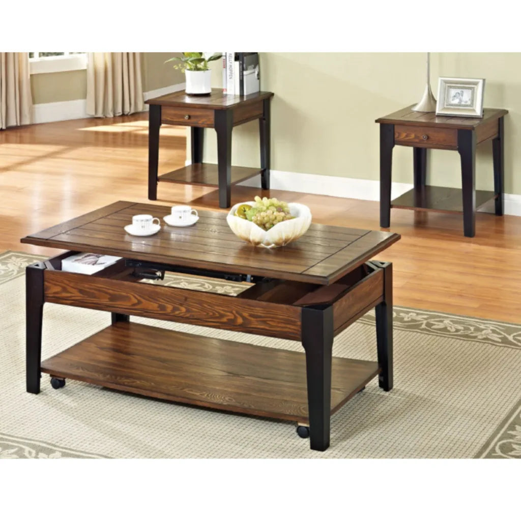 Wooden coffee table with lift-top feature for living room setting
