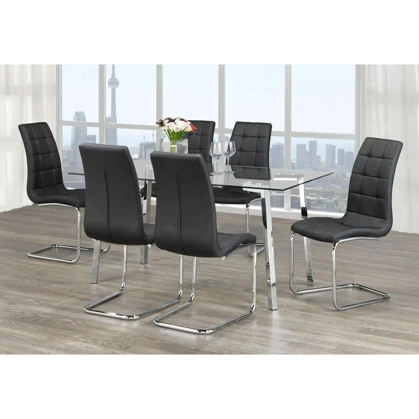 7-Piece Glass Dining Set with black chairs
