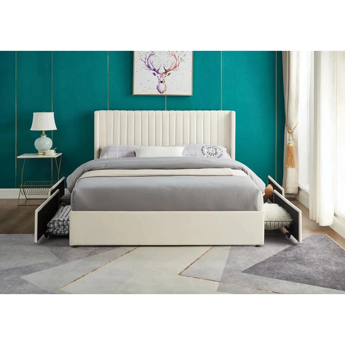 Beige Queen Bed with Storage Drawers