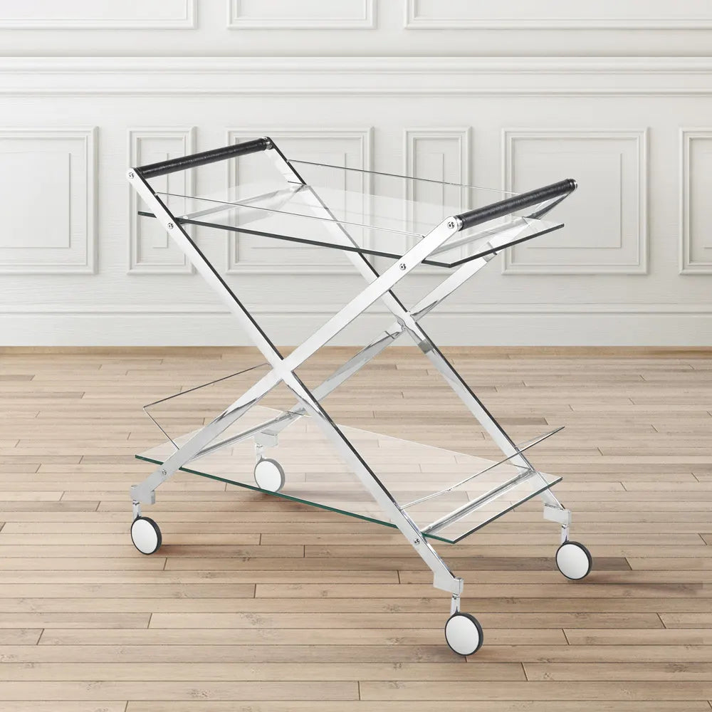 Bermuda Stainless Steel Bar Cart with Glass Shelves & Rolling Casters