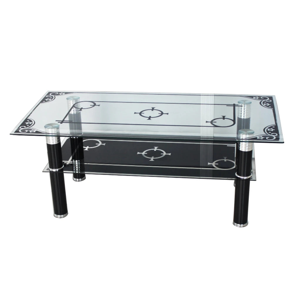 Black Glass coffee table with black decorative patterns