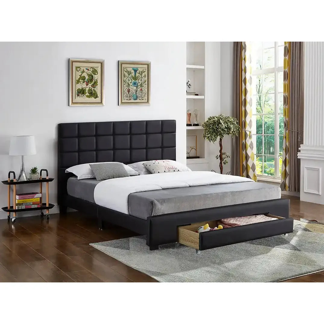 Black Queen Bed with Tufted Headboard And Storage Drawer