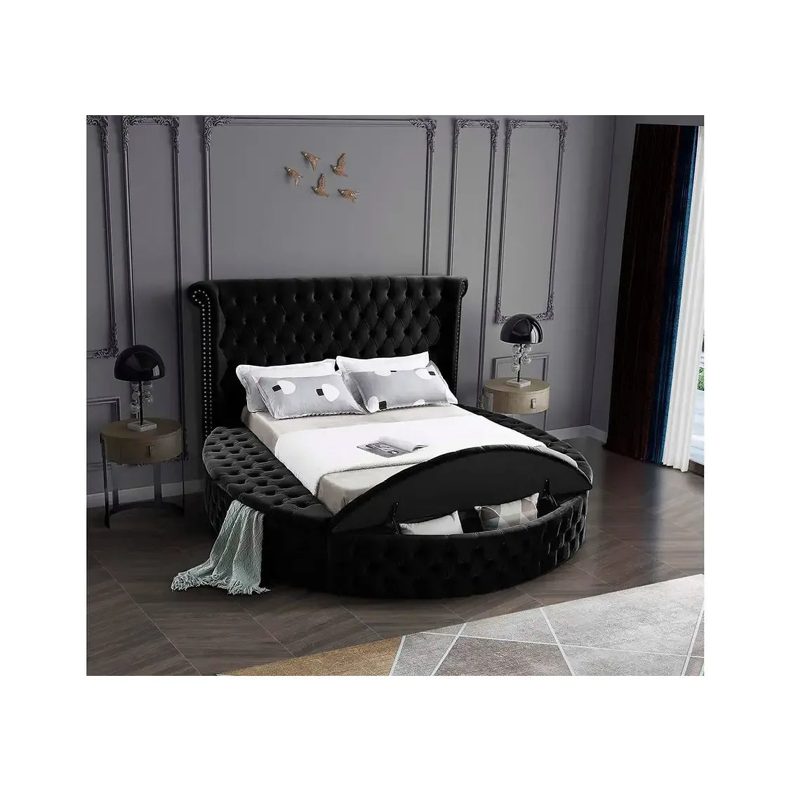 Black Velvet Queen Bed with Deep Tufting