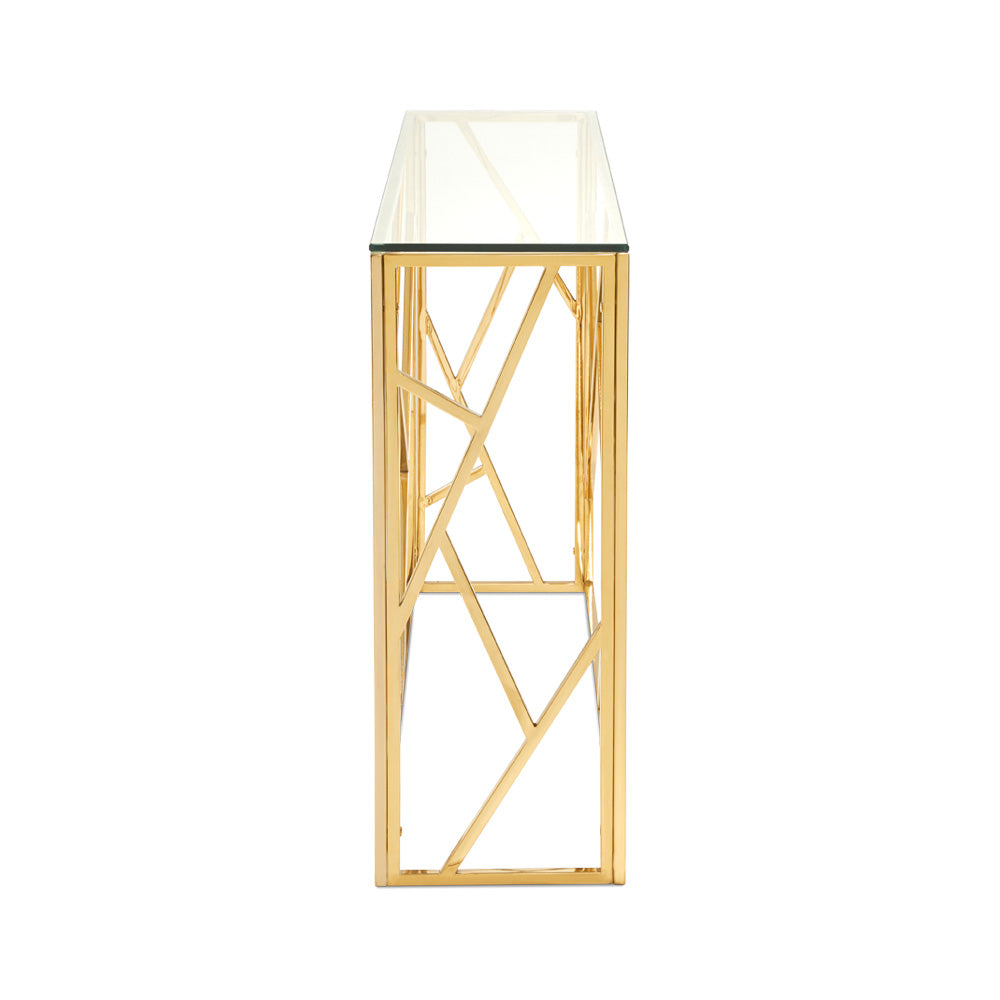 Carole Gold Metal and Glass Console Table with Polished Gold Frame