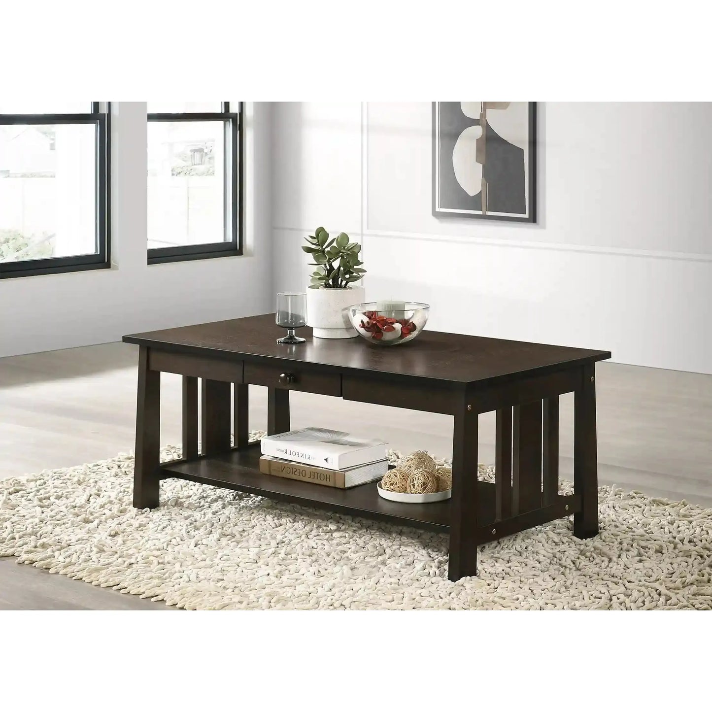 wooden coffee table with drawer and shelves