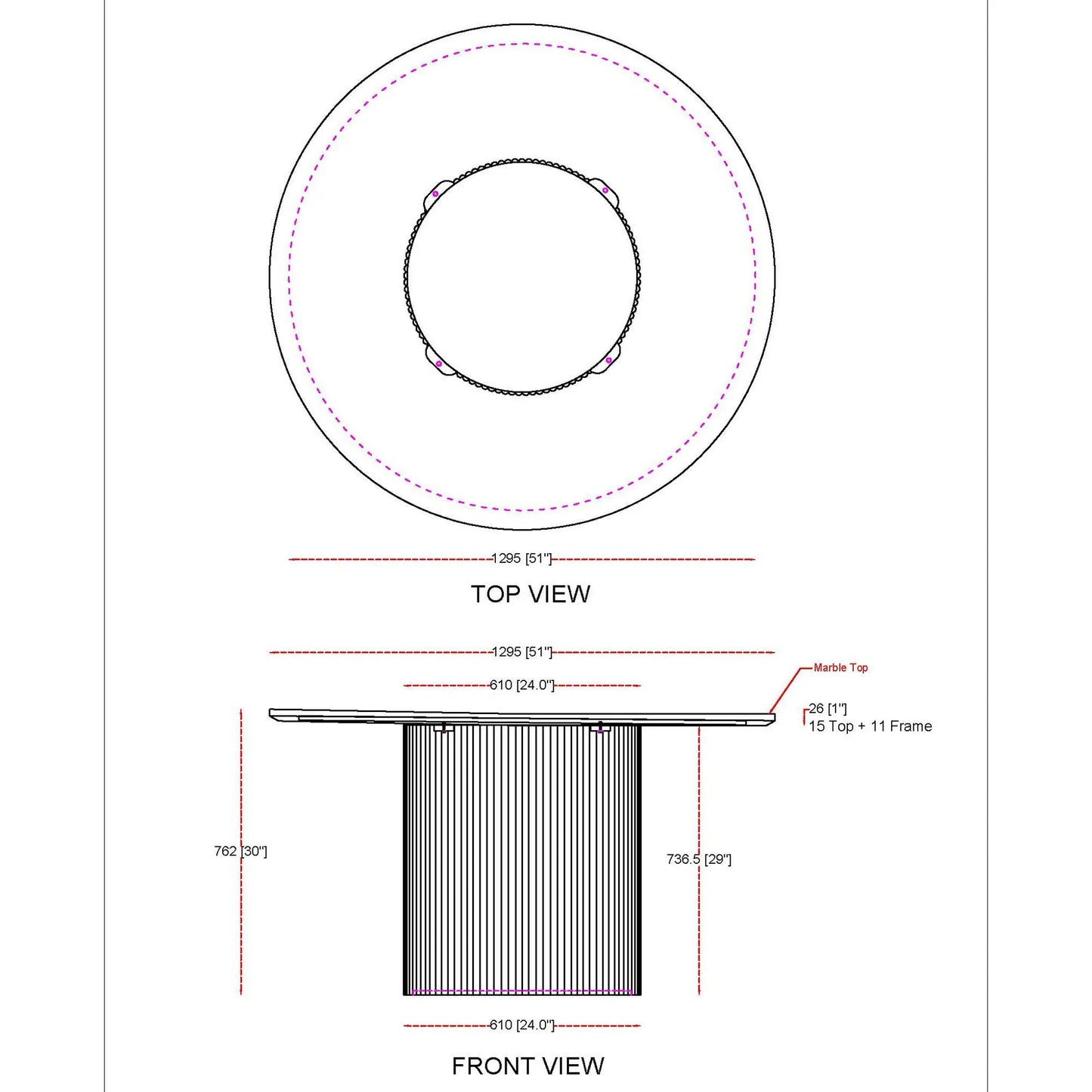 51” Jilsa Round Marble Dining Table With Wood Base