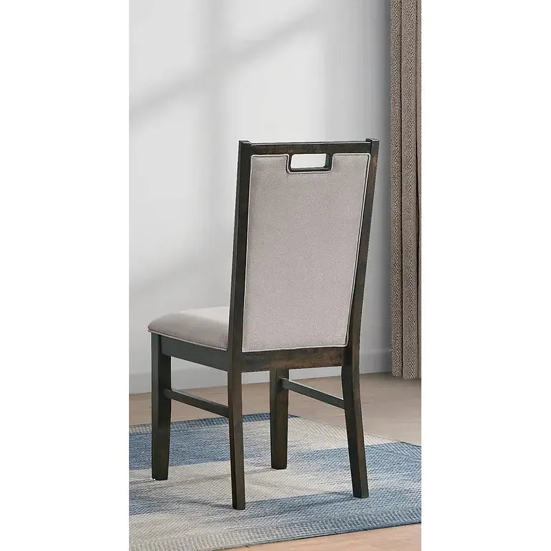 Dining chair with gray cushioned seat and backrest
