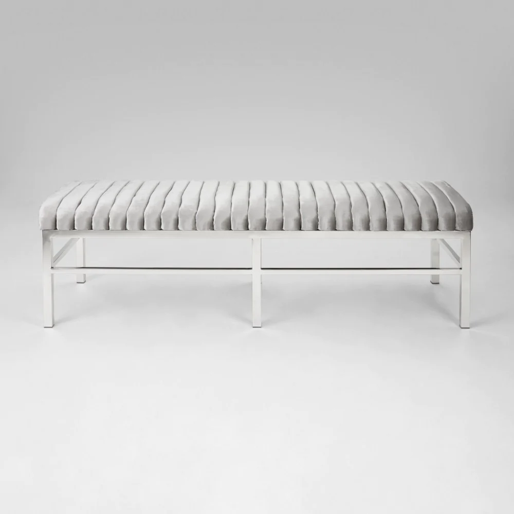 Elegant Grey Velvet Bench with Polished Stainless Steel Frame