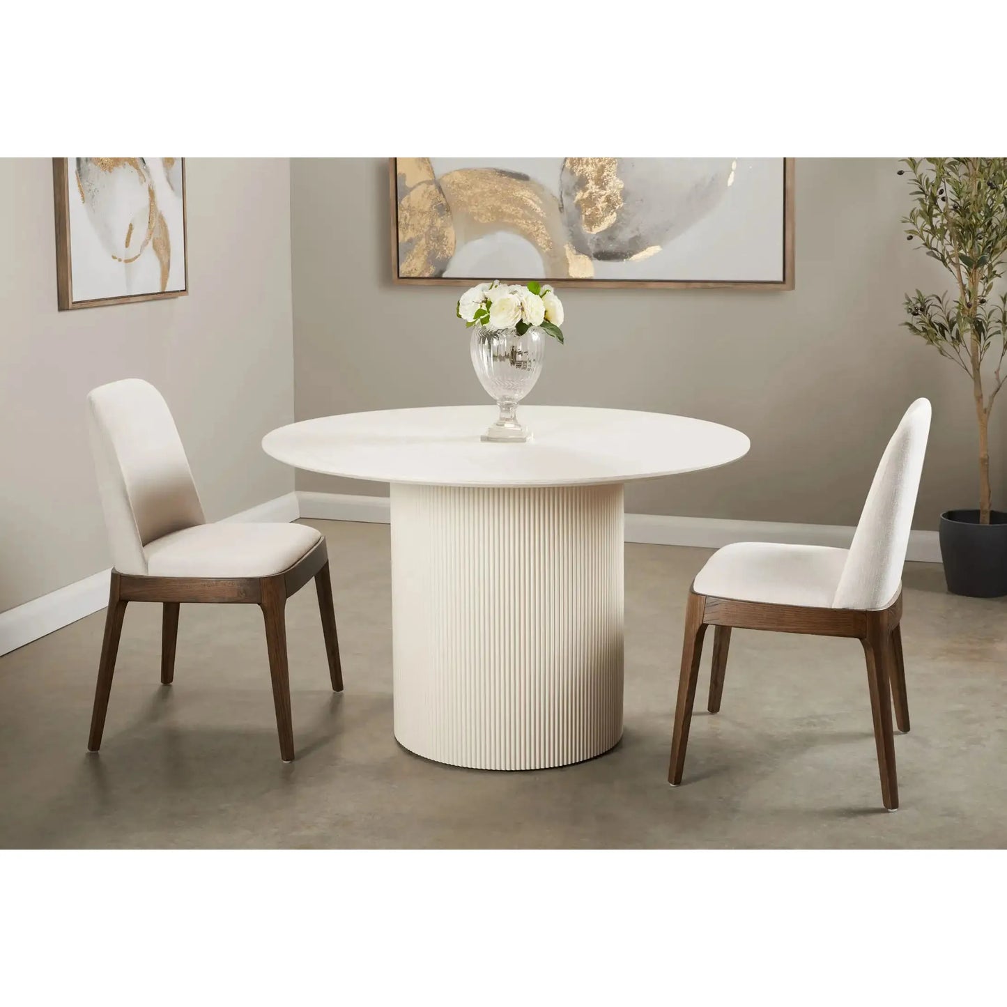 Elegant Harmony Round Dining Room Table with Ivory Oak Veneer Top