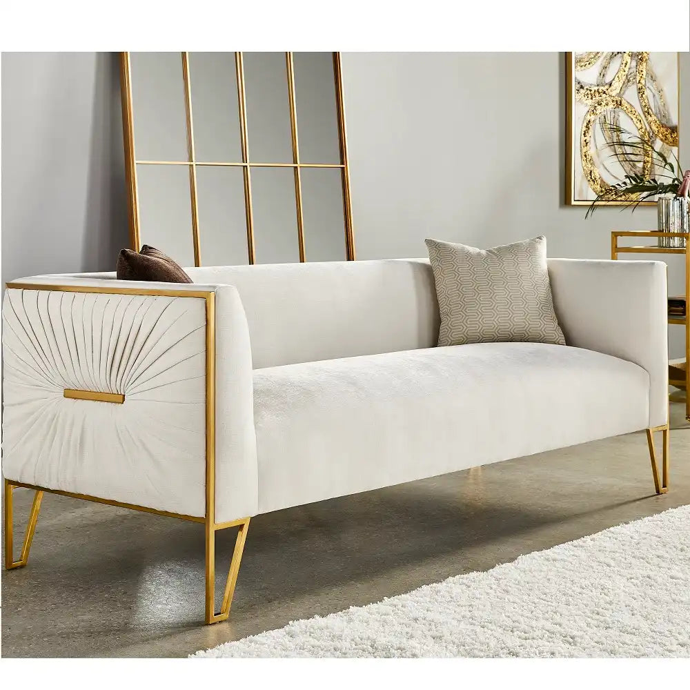 Truro Modern Fabric Sofa With Matte Gold Steel Frame. Sofa for living room