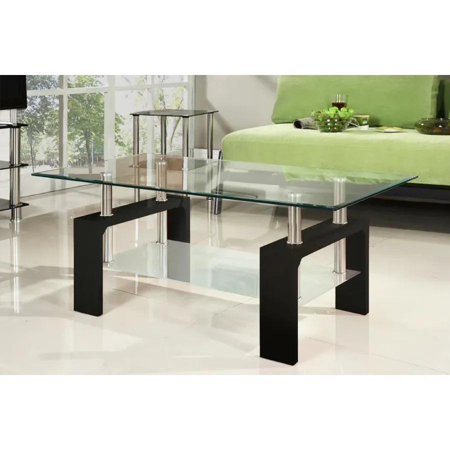 Glass coffee table with black metal legs for living room