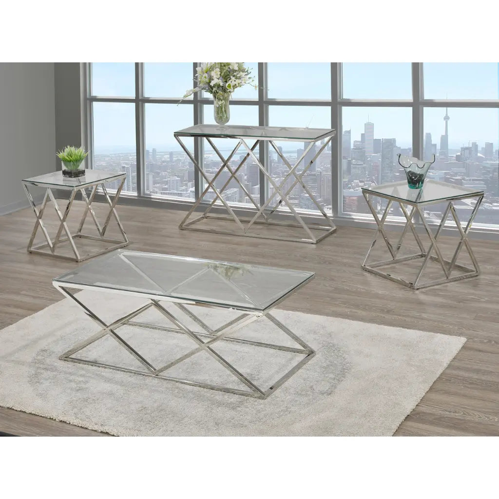 Set of 3 glass coffee tables with metal frames