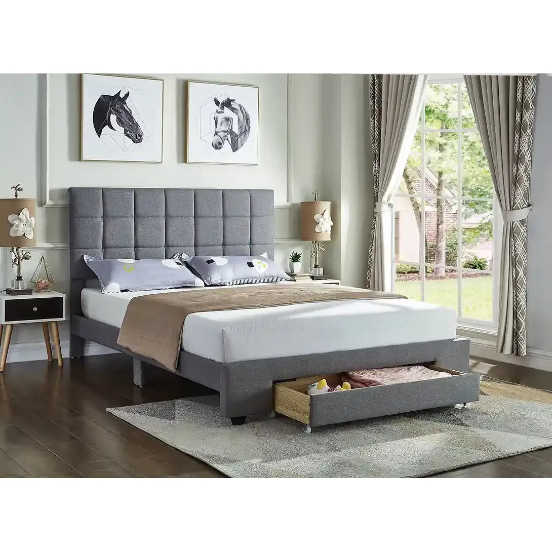 Grey Double Bed with Tufted Headboard And Storage Drawer