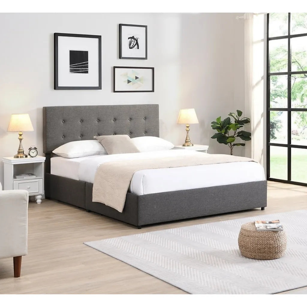 Grey Fabric Queen Bed with Storage Drawers