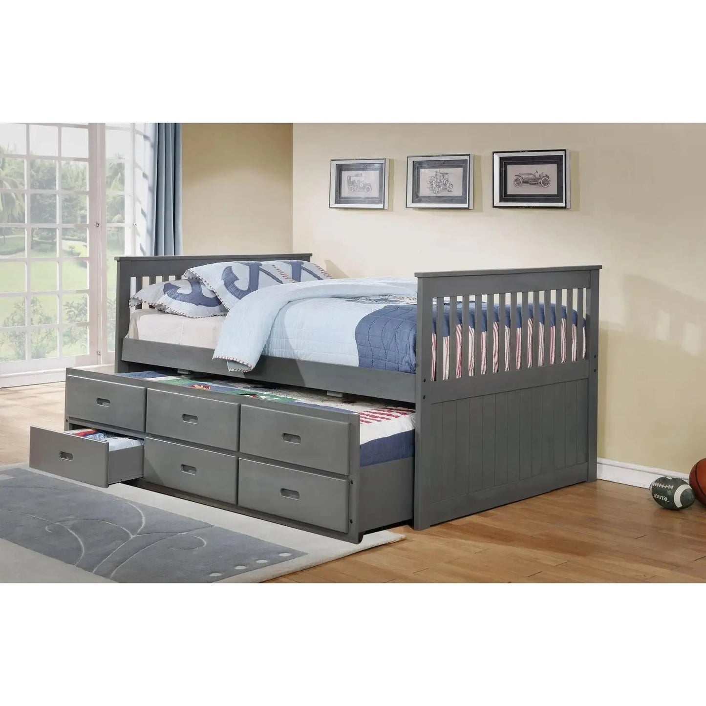 Grey Captain bed with storage drawers