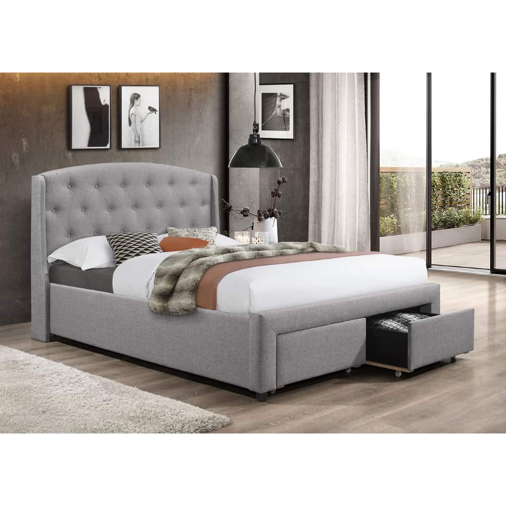 Grey Tufted Wingback Platform Double Bed with Storage