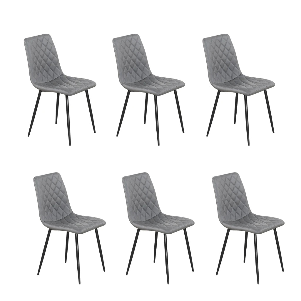 Set of six gray upholstered dining chairs with black legs