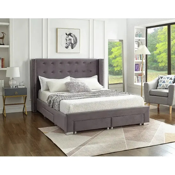Grey Velvet King Storage Bed