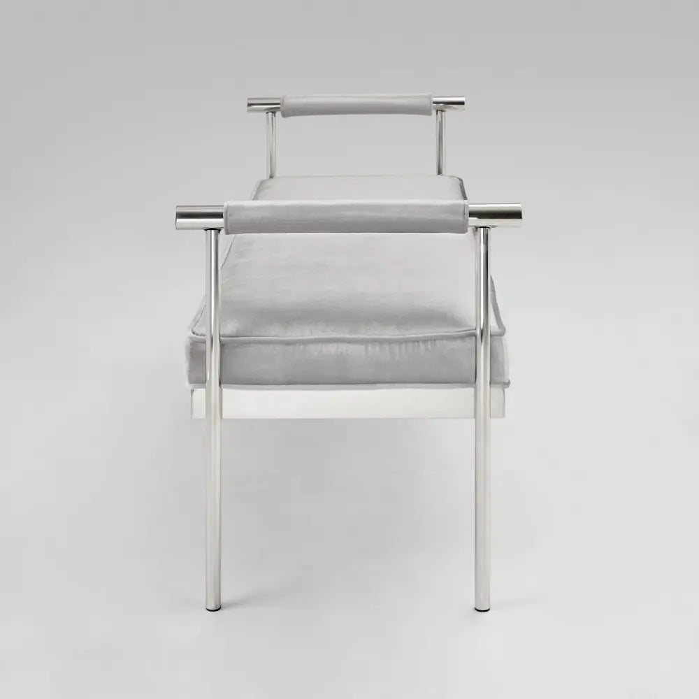 Helen Grey Velvet Bench with Arms and Polished Stainless Steel Frame