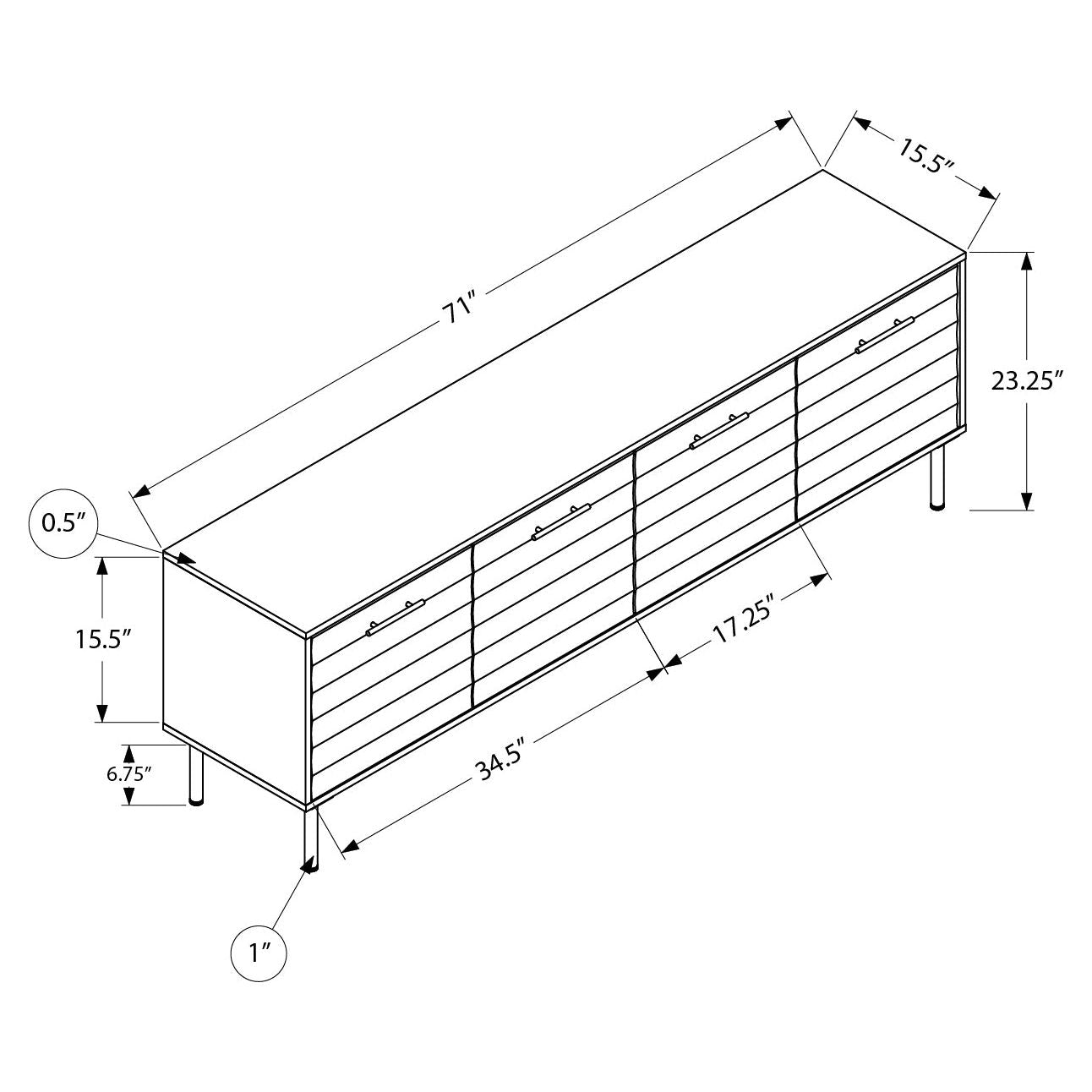 DIMENSIONS OF 72"L DARK BROWN WOOD-LOOK TV STAND WITH 4 DOORS