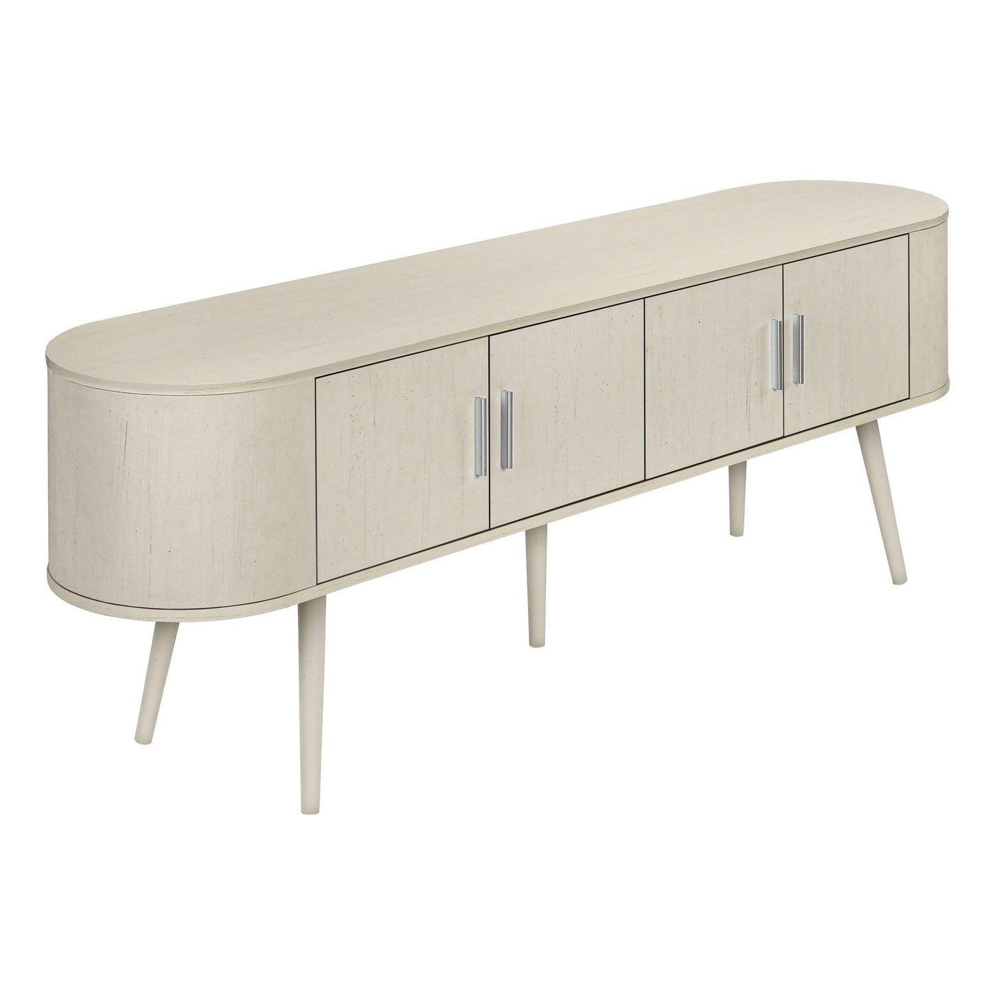 CLOSE-UP OF ANTIQUE WHITE TV STAND WITH 4 DOORS