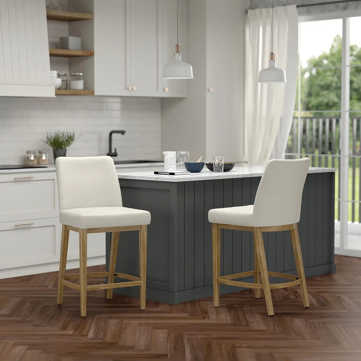 Jace Beige Fabric Counter Stools with Black Metal Legs – Set of 2