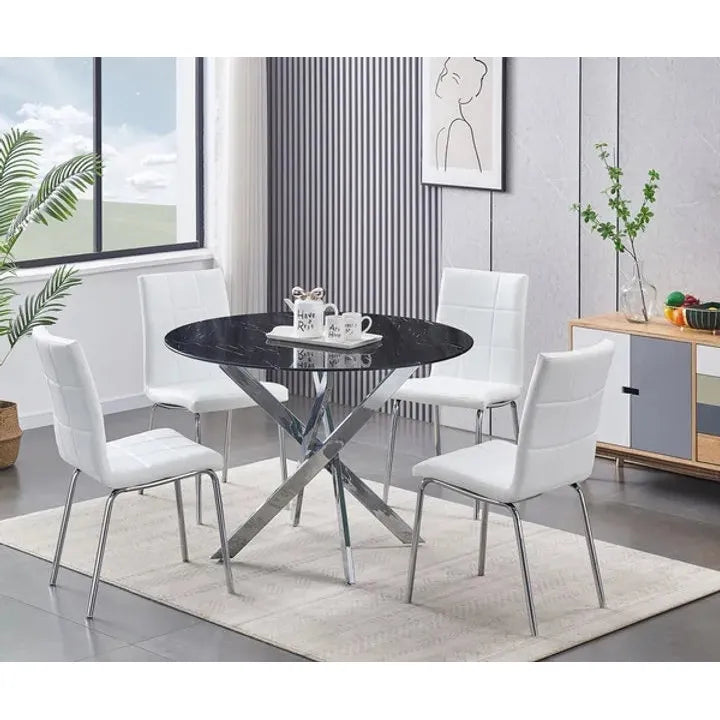 Dining set with a round black table and white chairs