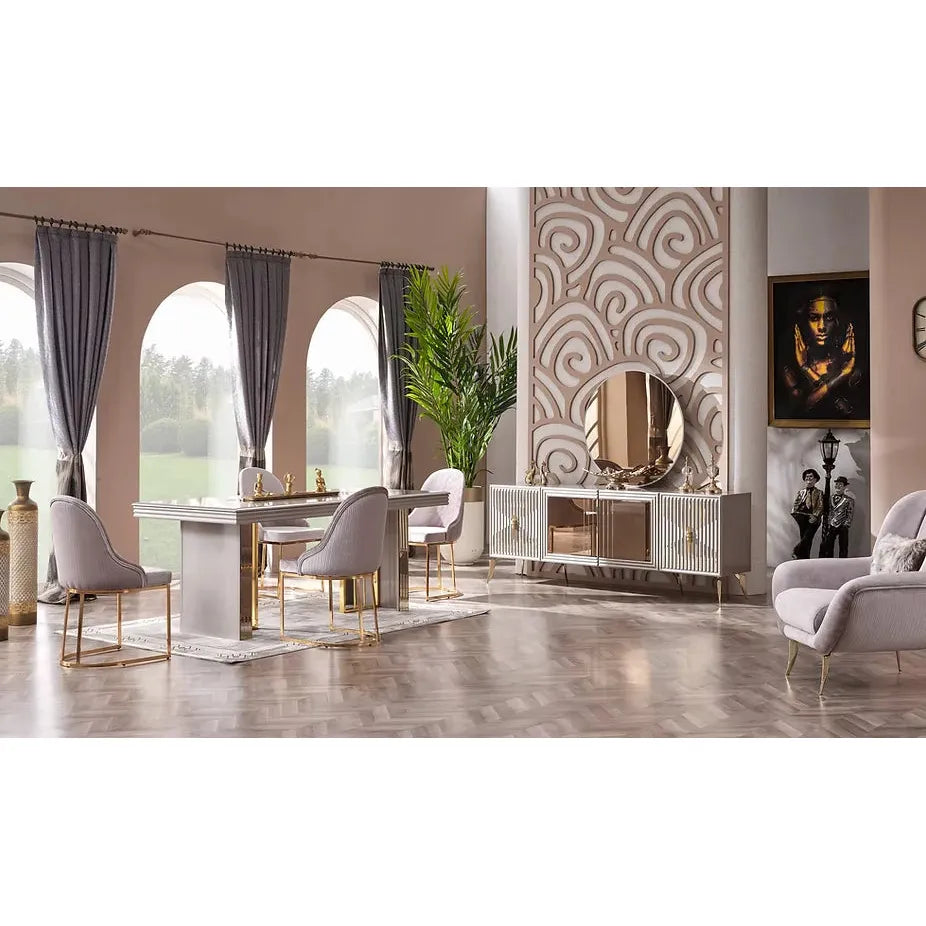 NEHIR 6-Piece Dining Set – Wood Painted Table with Metal Accents