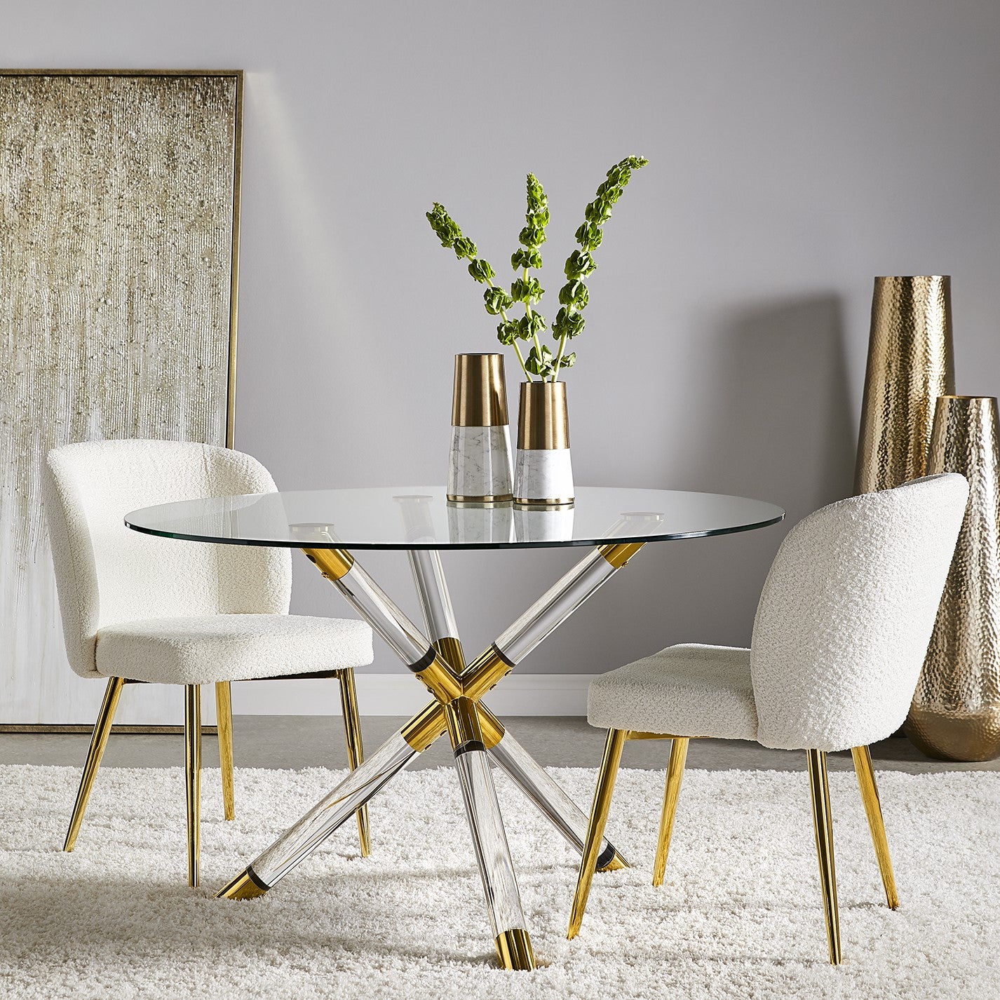 Paloma 48" Round Glass Top Dining Table – Modern Gold Steel Base