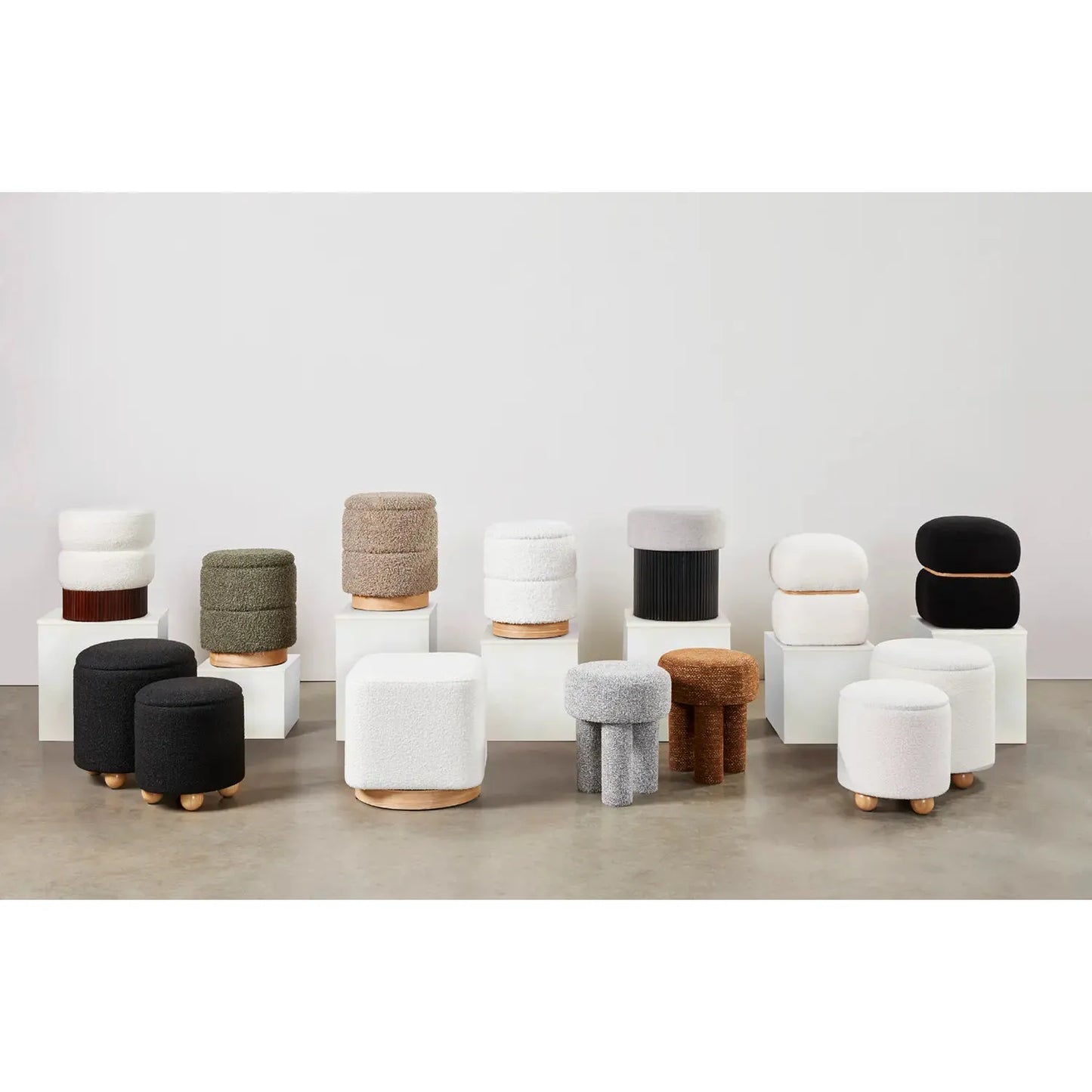 Peter Black Shearling Ottoman with Oak Accent Base. Colorful Ottoman for living room