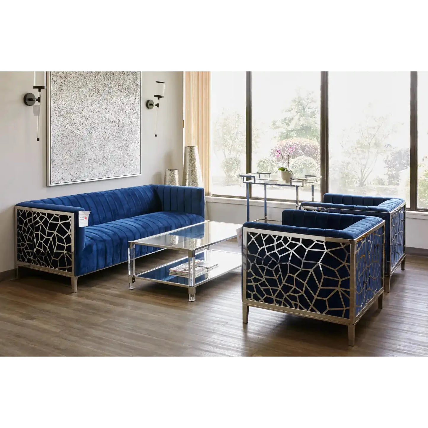 Polished Stainless Steel Coffee Table with Glass Top & Shelf