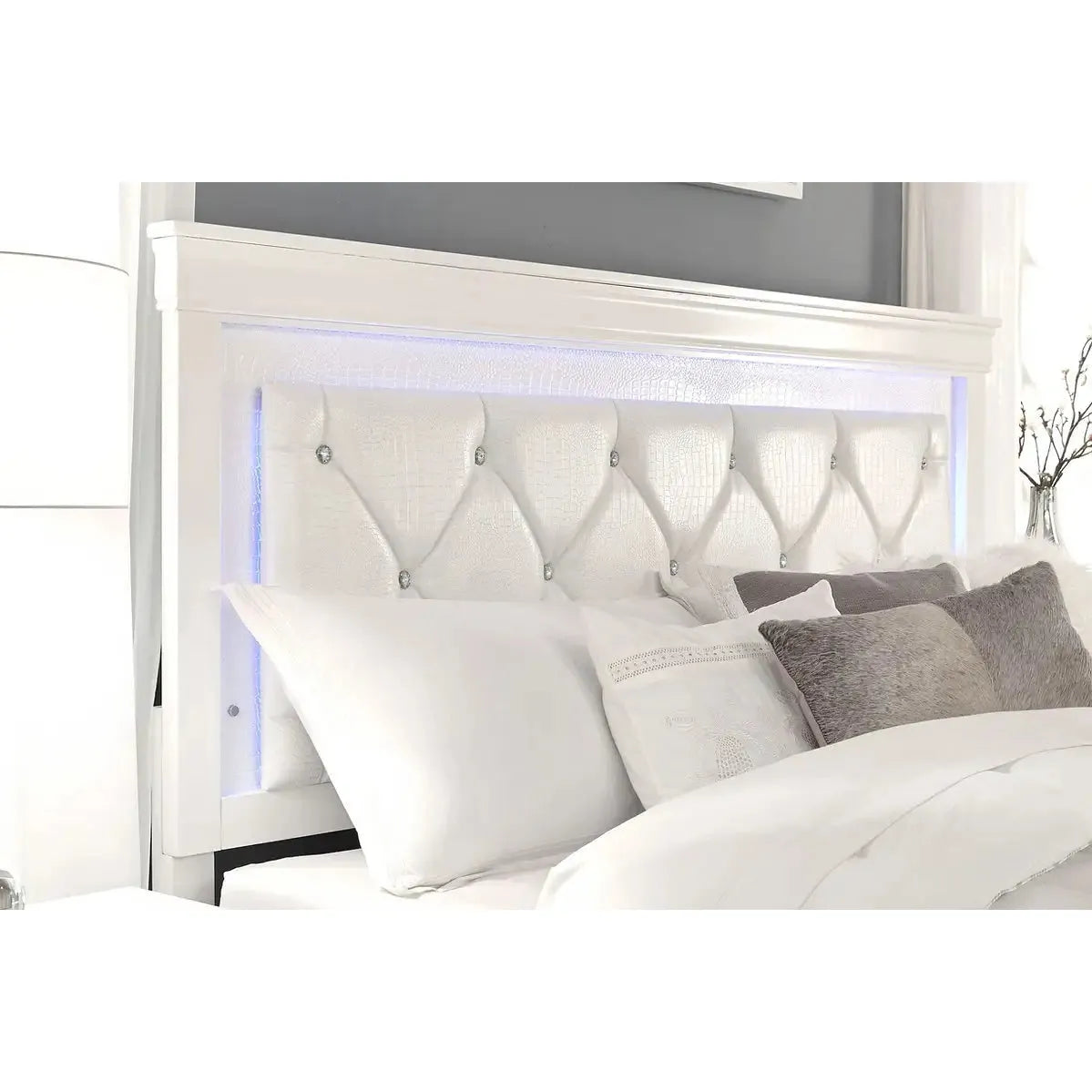 White tufted headboard with LED lighting