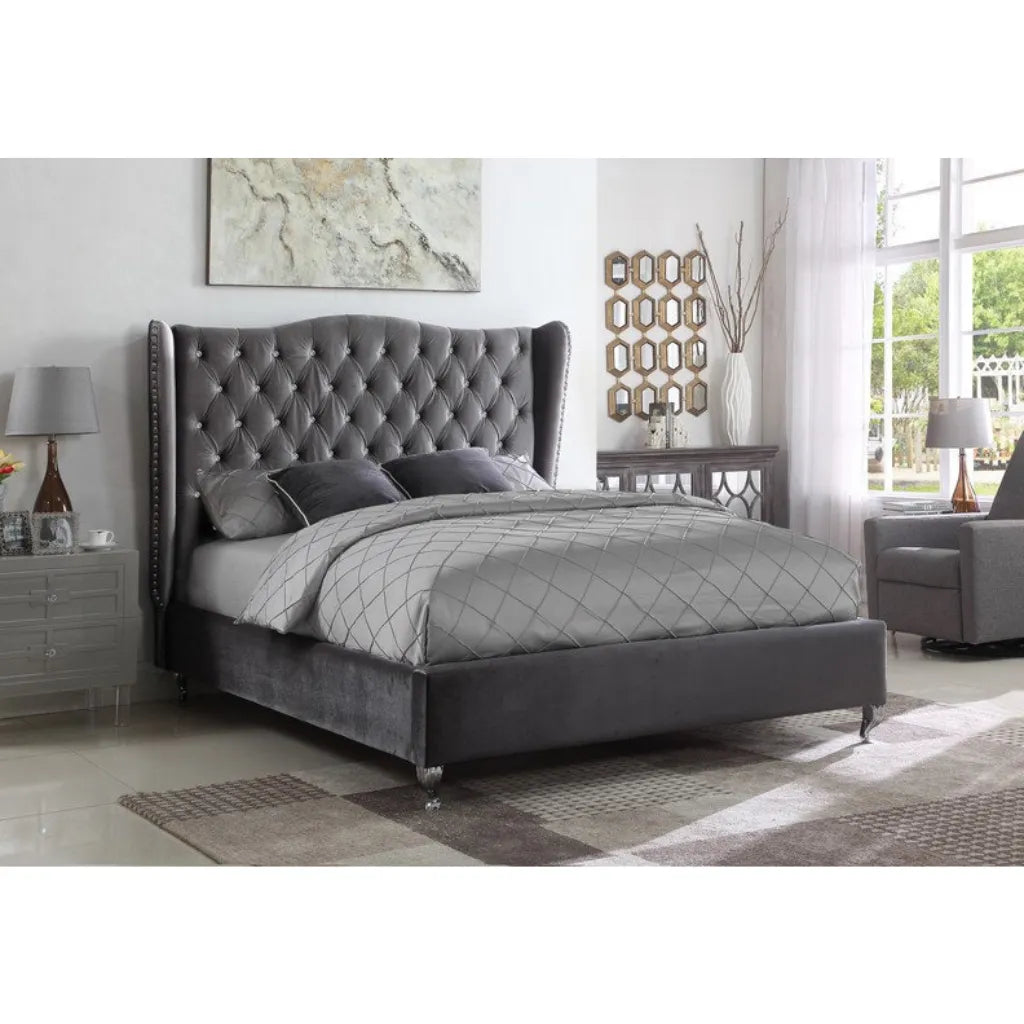 Grey Queen Bed with Wingback Headboard