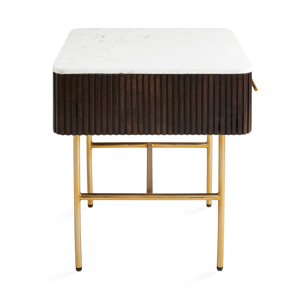 Serenity Marble Top Side Table with Gold Base & Fluted Wood Drawer