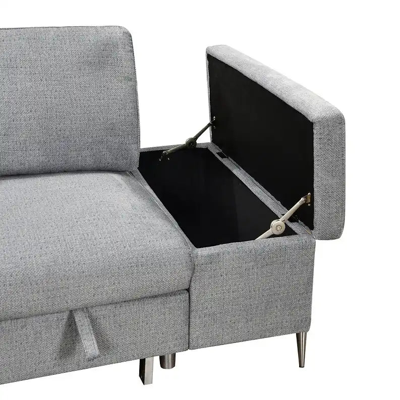 Gray sofa bed with storage compartment