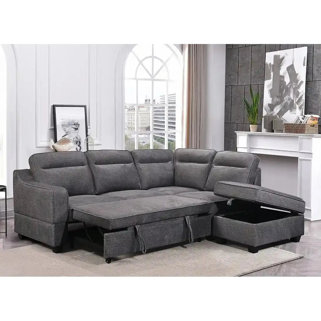 Gray sectional sofa with storage drawers for living room