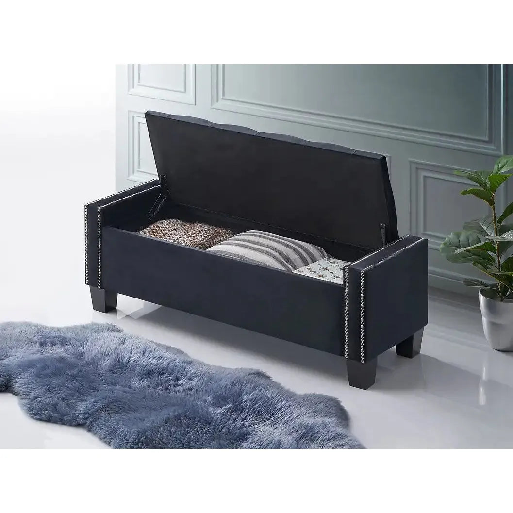 Black upholstered storage bench for living room