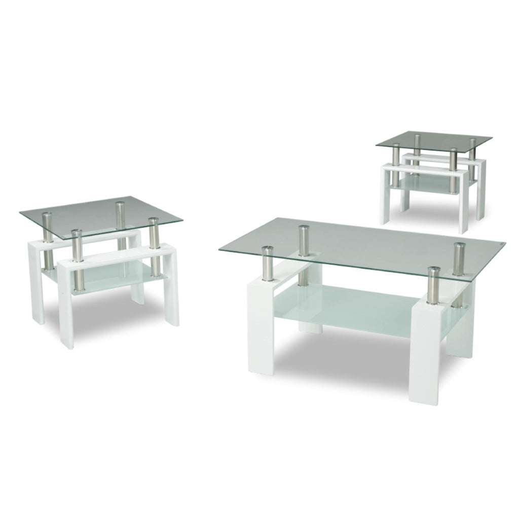 Set of three glass coffee table with white bases