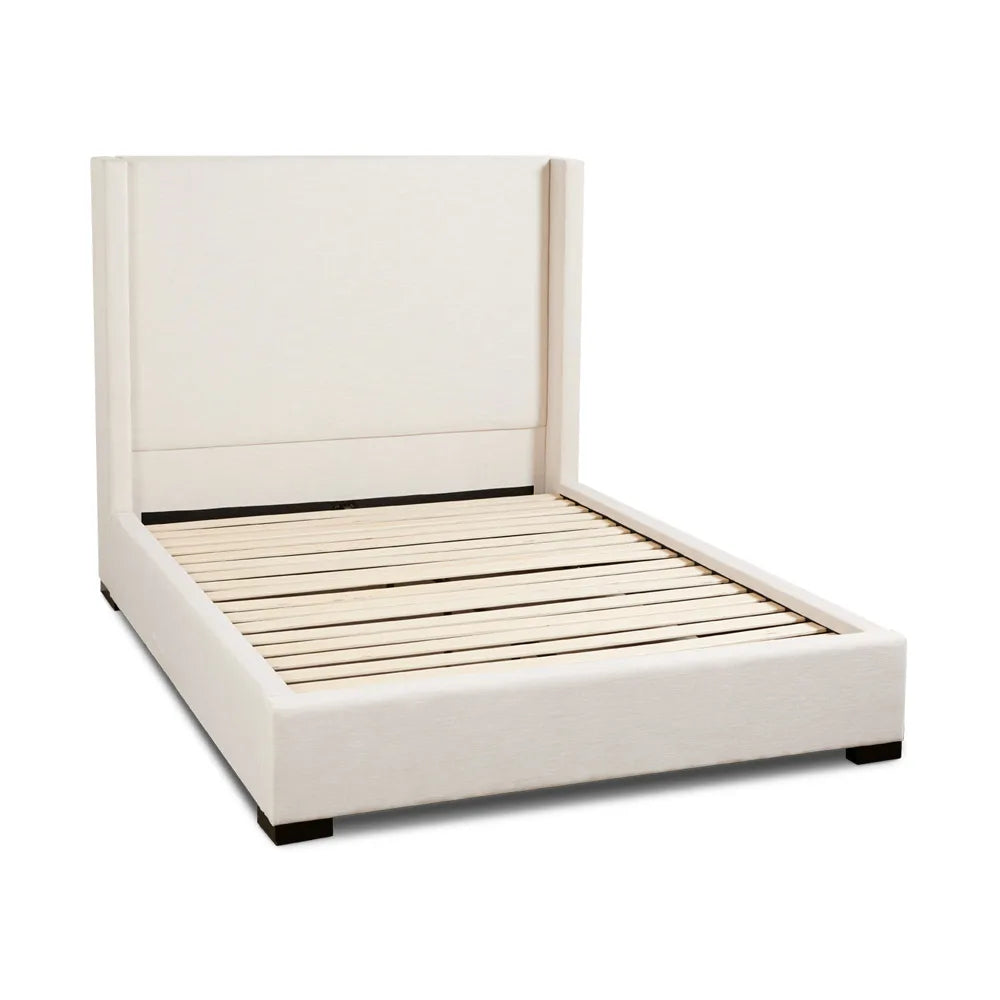 Wing Upholstered Queen Bed in Beige Fabric with Wingback Headboard