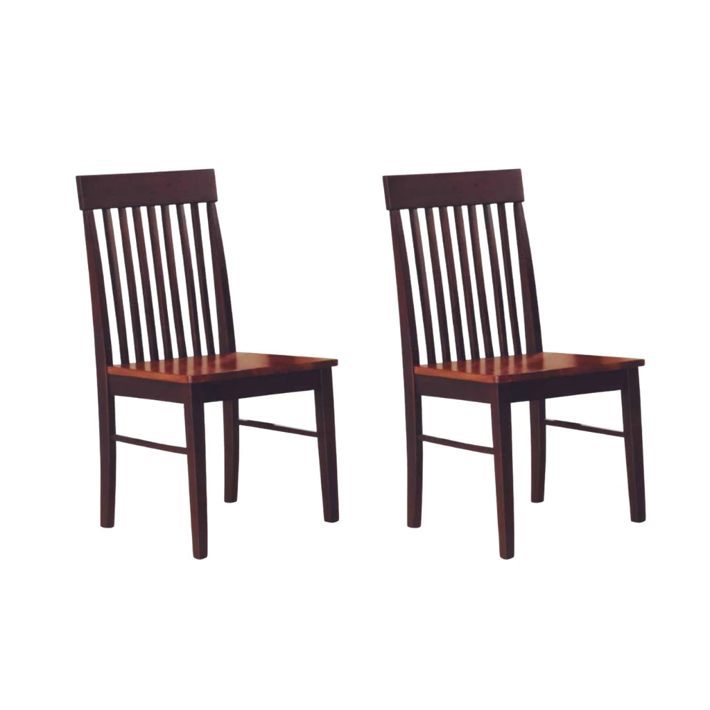 Two wooden dining chairs with a dark brown finish