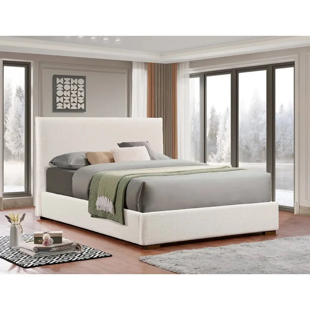 King Platform Bed with Boucle Upholstery & Mattress Support