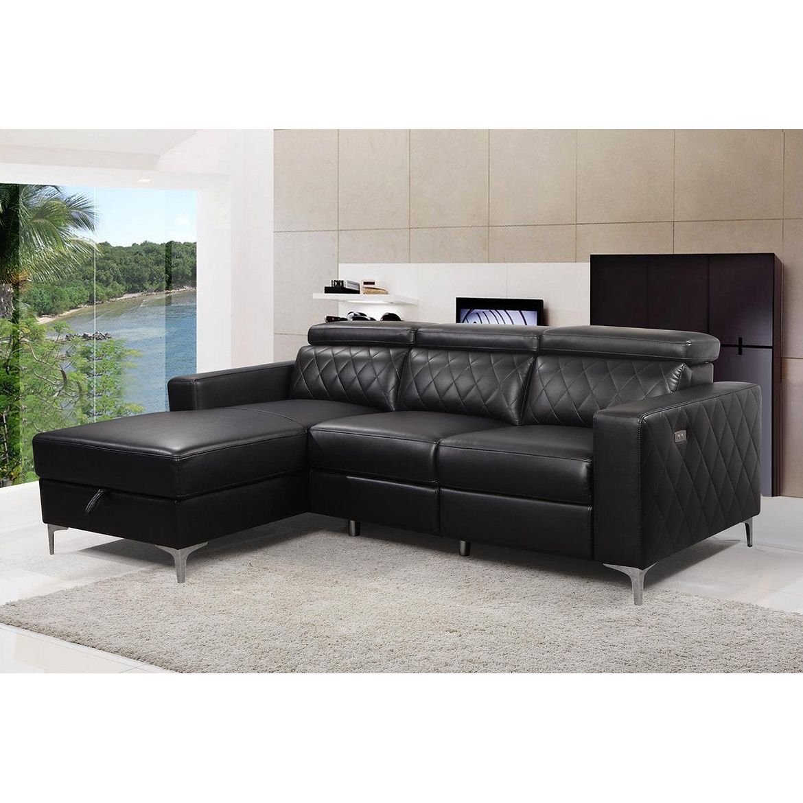 Modern Black Leather Gel Power Reclining Sectional Sofa with Storage