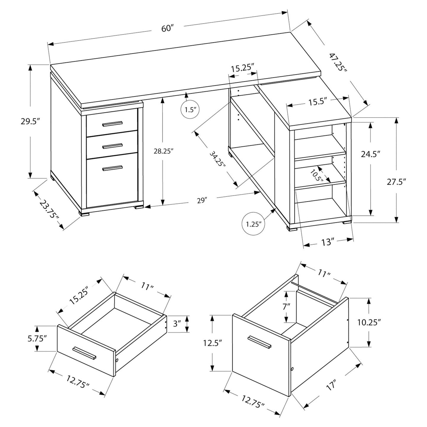 L-shaped Computer Desk With Storage - Reversible Corner Office Desk in Dark Taupe
