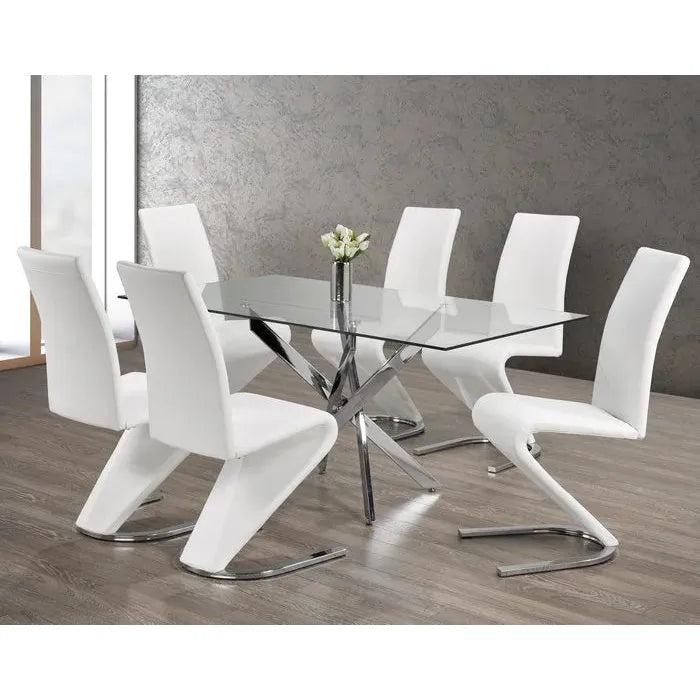 Glass dining table set with white chairs