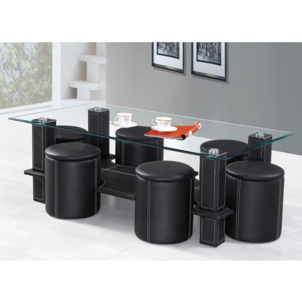 Modern glass coffee table set with black upholstered chairs i