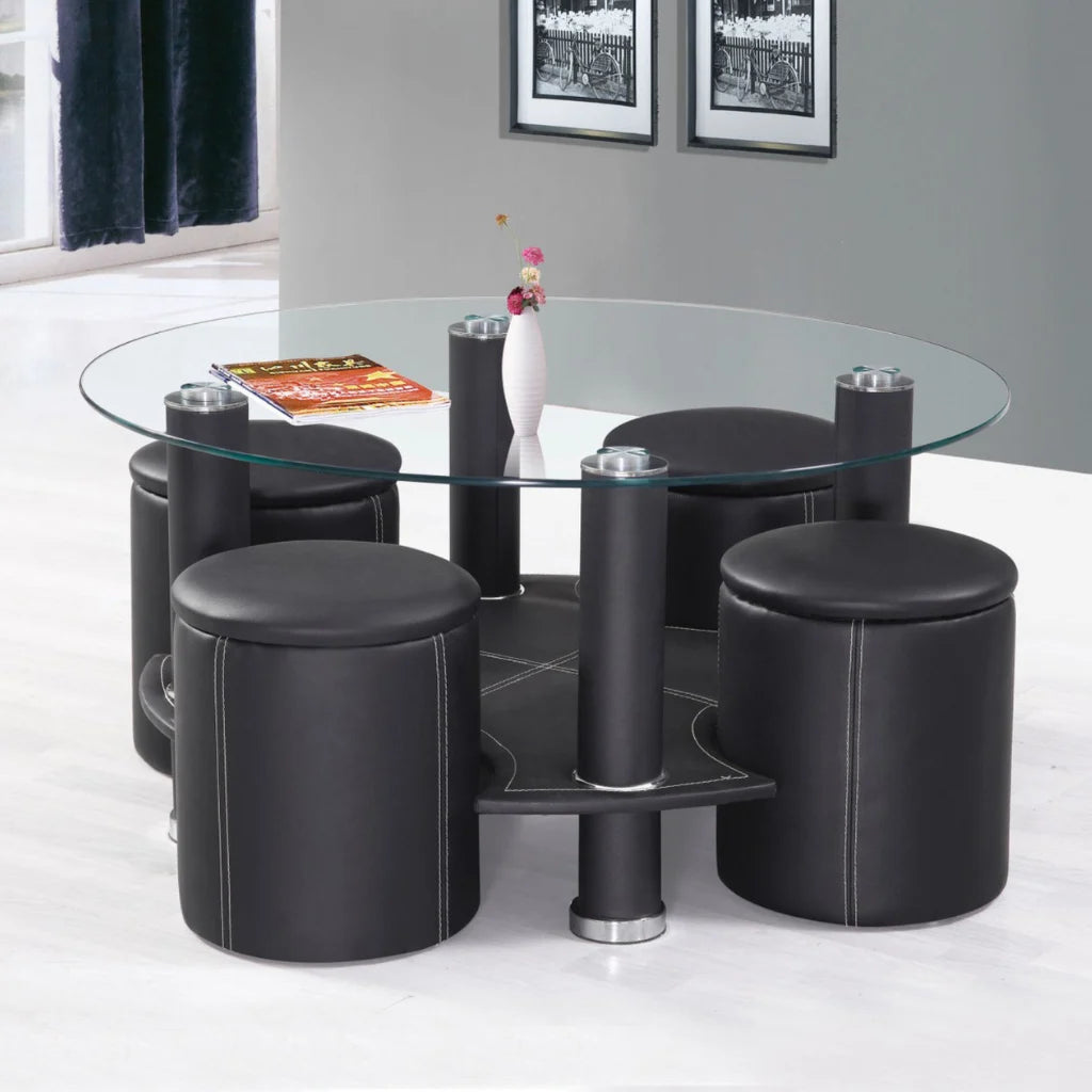 Modern glass coffee table set with black leather stools