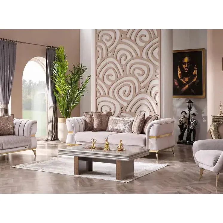 NEHIR Beige & Gold Sofa Set (3+2+1) – textured fabric sofa