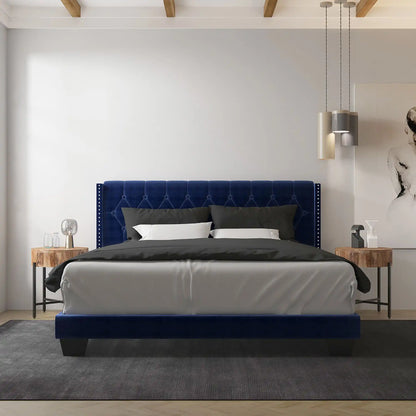 Gunner Blue Velvet King Bed with Tufted Headboard & Nailheads