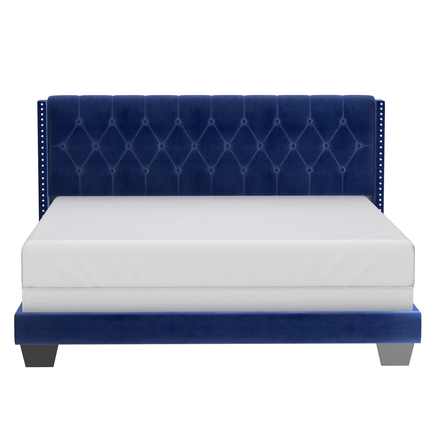 Gunner Blue Velvet King Bed with Tufted Headboard & Nailheads